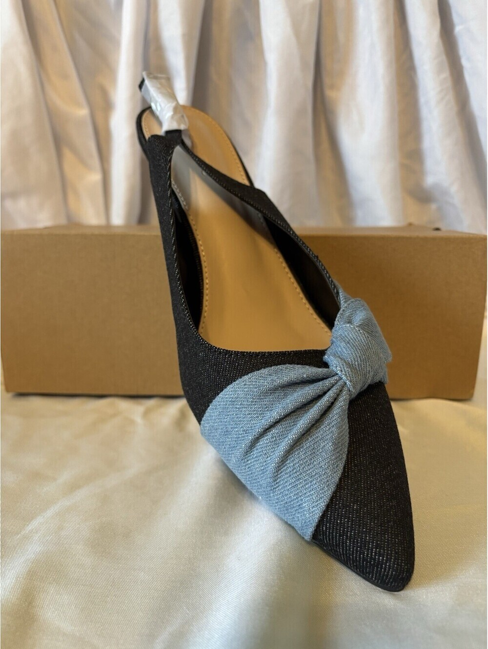 Coutgo kitten Heels Closed Pointed Toe Sandals Denim Dress